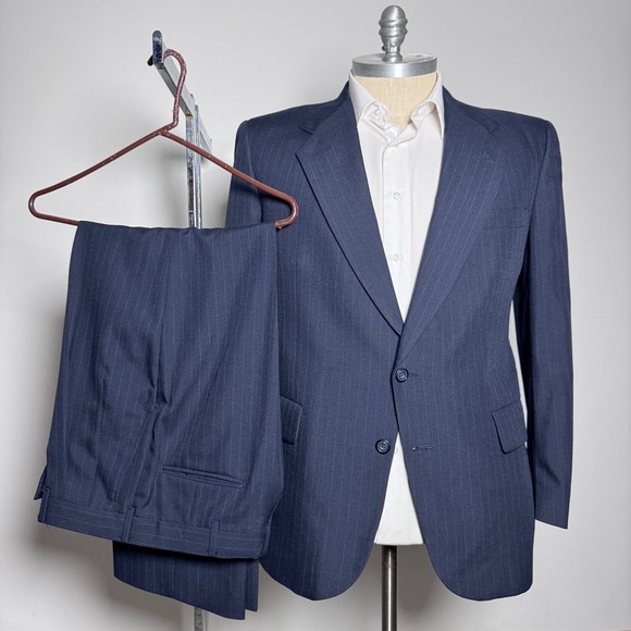Kuppenheimer Pinstripe Suit Mens 42R 31x30 Navy Blue Wool 2-Button Vintage USA